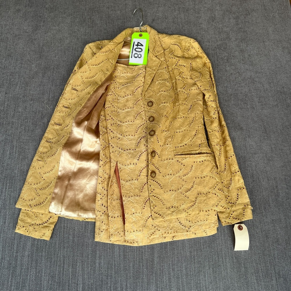Vtg Ultra Betsey Johnson Two-Piece Blazer & Skirt Suit Set Womens Yellow Eyelet - Picture 1 of 16